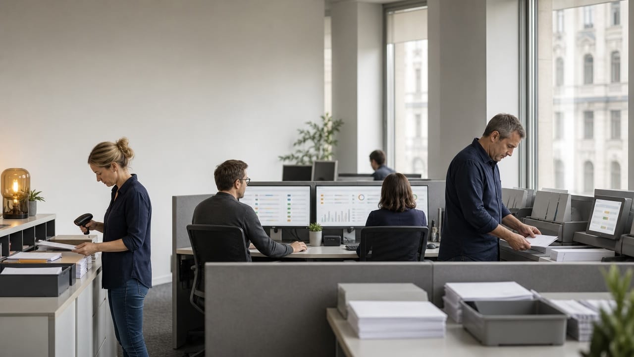 An administrator manages insurance cases on a single screen using the BürOffice platform.